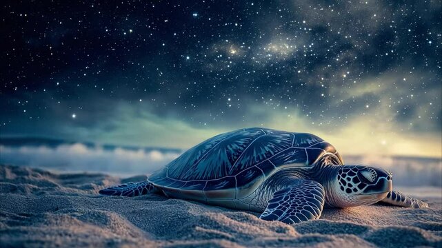 Sea Turtle Under a Starry Night Sky