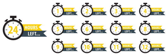Countdown hours left from 1 to 24 hours badge set for social media post, promotion, promo offer. Countdown timer set from 1 to 24 hours. Color hours icon. Flat design. Isolated vector illustration.