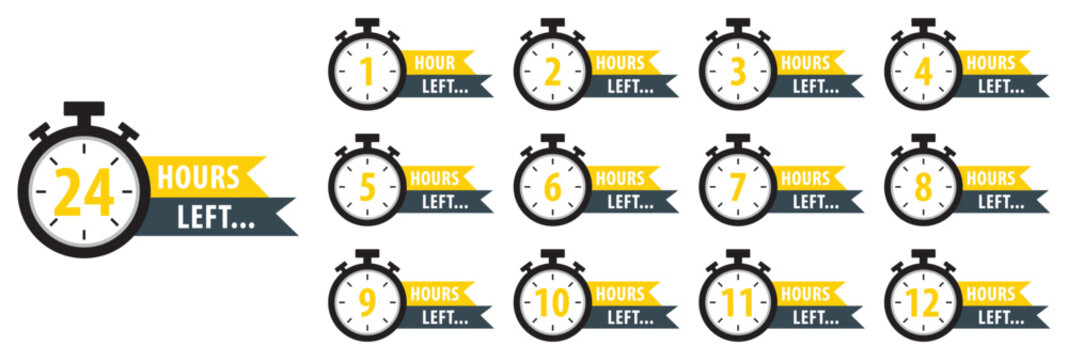 Countdown hours left from 1 to 24 hours badge set for social media post, promotion, promo offer. Countdown timer set from 1 to 24 hours. Color hours icon. Flat design. Isolated vector illustration.