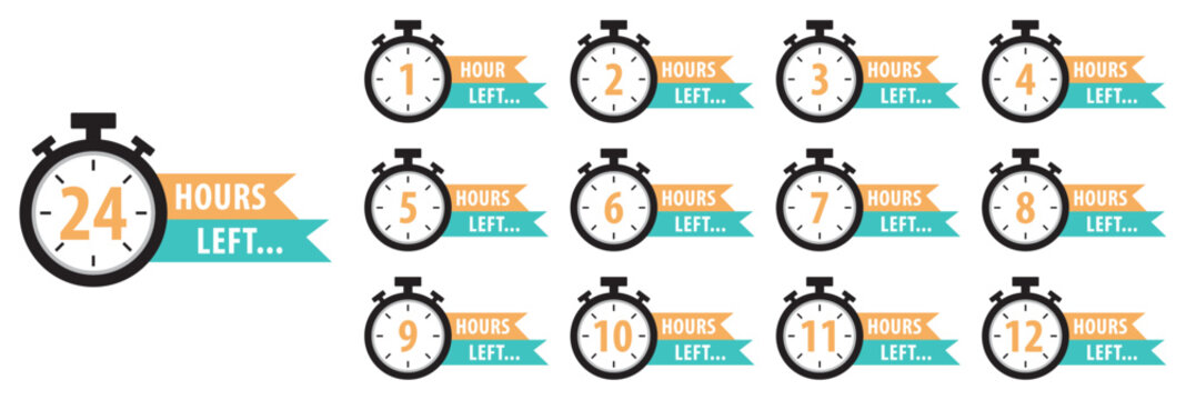 Countdown timer set from 1 to 24 hours. Color hours icon. Countdown hours left from 1 to 24 hours badge set for social media post, promotion, promo offer. Flat design. Isolated vector illustration.