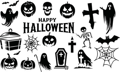 Halloween doodles black and white drawing set. Happy halloween doodle elements Design for prints, decoration of postcards and posters, stickers, sublimation. Vector illustration