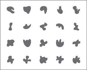 Fototapeta premium Black liquid shapes set. Abstract blotches, ink smudges and pebble silhouettes, simple liquid elements. Organic shapes, black forms, grid pattern. Artistic black shapes, unique forms, grid design.