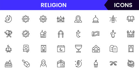 Vector illustration web line icon collection for Religion, featuring sacred symbols, rituals, and spiritual elements, designed with clean lines and modern aesthetics.