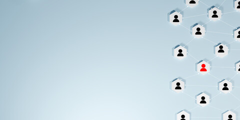 A network of connected blocks with black human icons, highlighting one red icon, on light blue background, symbolizing community, social networking, finding individuals, and digital interconnectedness