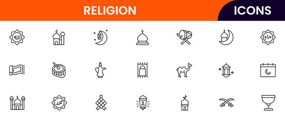 Vector illustration web line icon collection for Religion, featuring sacred symbols, rituals, and spiritual elements, designed with clean lines and modern aesthetics.