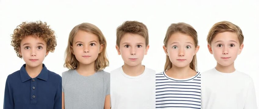 Diverse Children with Puffed Cheeks: A charming tableau of five children, each with unique features, standing side-by-side while puffing their cheeks out in playful unison.
