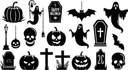 Halloween doodles black and white drawing set. Happy halloween doodle elements Design for prints, decoration of postcards and posters, stickers, sublimation. Vector illustration