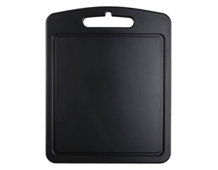 Black plastic cutting board with rounded corners and handle slot, front view isolated on transparent background PNG