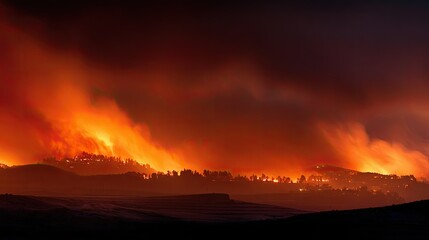 Dramatic Sunset Over Fiery Wildfire Landscape with Flames and Smoke in the Background, Showcasing Nature's Raw Power and Environmental Impact