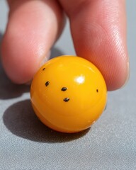 Close-up of a round, orange-yellow fruit with dark spots. Fingertip touching
