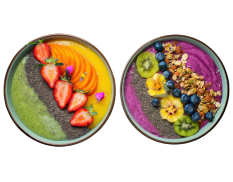Top-down view of two vibrant smoothie bowls arranged in rainbow layers with colorful toppings