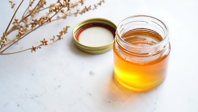Golden honey in glass jar with dried plant amber - Powered by Adobe
