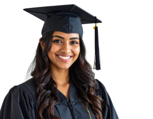 Attractive Young Indian Woman in Black Graduation Gown with Gold Tassel Smiling at Camera, isolated on transparent background PNG