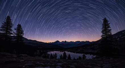 Star Trails Over Mountain Range and Reflective Lake at Dusk. long exposure
