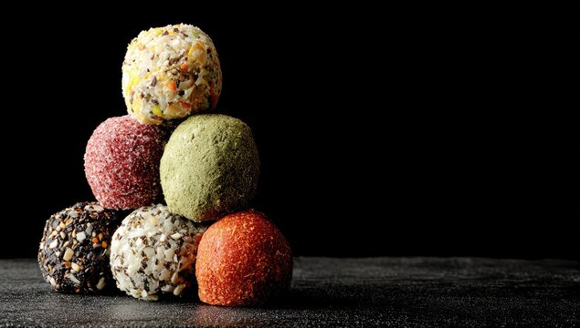 Colorful energy balls pyramid on dark surface
