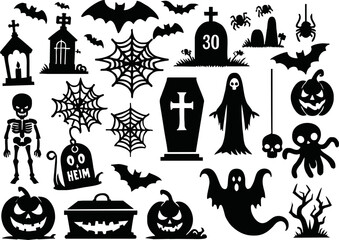 Halloween doodles black and white drawing set. Happy halloween doodle elements Design for prints, decoration of postcards and posters, stickers, sublimation. Vector illustration