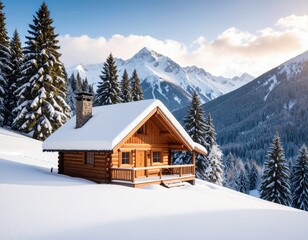 Snowy log cabin nestled in mountains