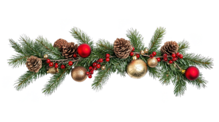 Festive Christmas garland with pine branches, cones, red berries, and gold and red ornaments, isolated on transparent background.