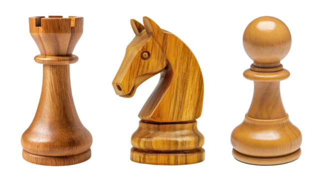 Three chess figures isolated on transparent background