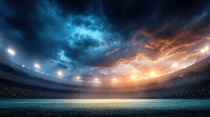 A dramatic stadium scene at dusk with bright lights, a vibrant sky, and an empty field ready for a major sporting event