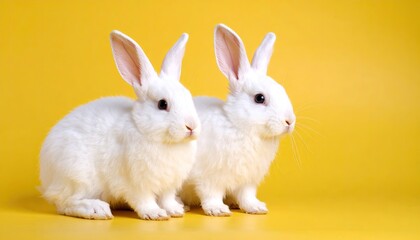 Obraz premium Two white rabbits on yellow background (1)