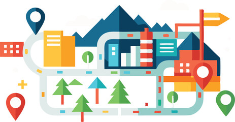 An illustration featuring a map with a clearly marked route, often including destination pins, travel icons, or a winding path