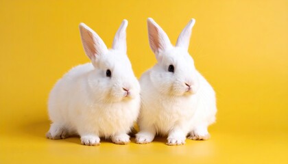 Fototapeta premium Two white rabbits on yellow background (2)