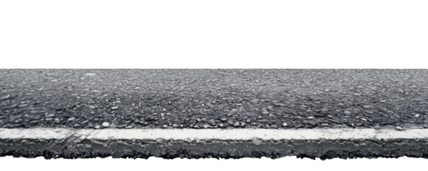 Black asphalt road edge with white painted line marking isolated on transparent background