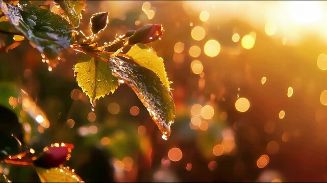 Close-up of dew-covered rose leaves glistening in the golden sunlight.