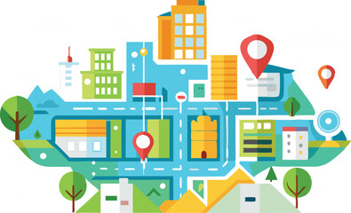 An illustration featuring a map with a clearly marked route, often including destination pins, travel icons, or a winding path