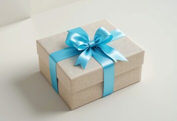 Obraz premium Elegant silver gift box tied with a satin blue ribbon, perfect for special occasions like birthdays, weddings, anniversaries and corporate gifting delight