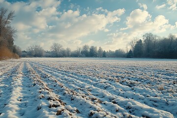Snow Covered Agricultural Field Under Blue Sky with Clouds in Winter
