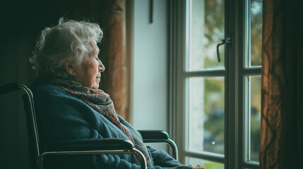 Elderly woman in a wheelchair looking out the window of her room