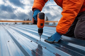 A worker in gloves and an orange jacket uses a power drill to secure metal roofing sheets on a construction site outdoors