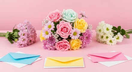 Beautiful floral arrangements and colorful envelopes on a pink background a delightful celebration of nature and correspondence