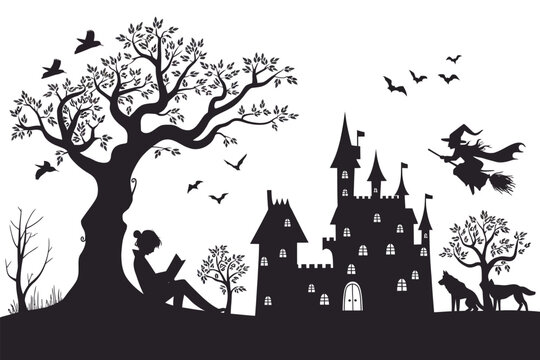 Kind liest M&auml;rchenbuch Illustration mit Fantasieelementen wie Feen, Drachen und Schloss Ideal f&uuml;r Kinderbuchcover, Bildungsposter, digitale Kunstwerke und m&auml;rchenhafte Designs

