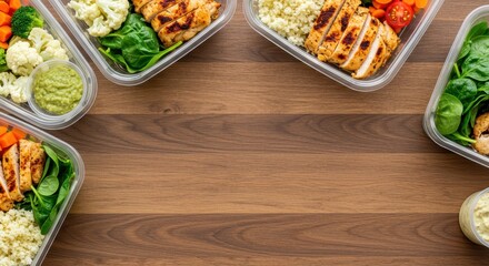 Healthy Meal Prep with Grilled Chicken, Fresh Vegetables, and Quinoa on Wooden Table