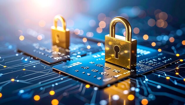 Gold padlocks on credit cards over circuit board