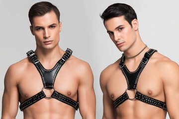 A couple of young gay men in leather harness on a white background