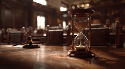 An hourglass sits on a wooden table in a courtroom, with a judge’s gavel nearby, symbolizing justice and the passage of time