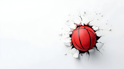 Surreal details of a photorealistic 3D basketball smashing through a wall on a white background
