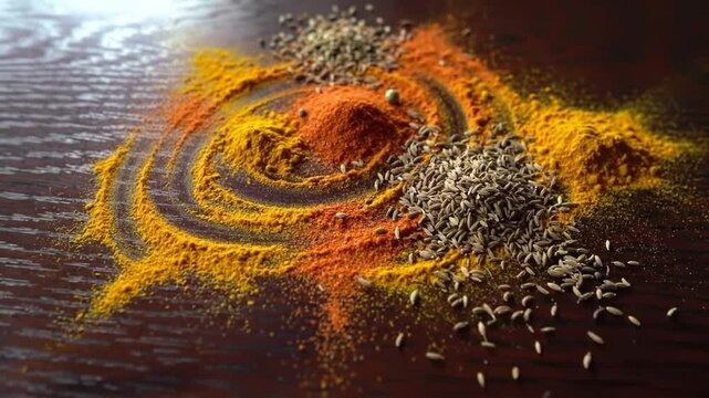 Culinary Composition: A Vibrant Spice Arrangement on Wooden Table