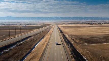 Car on Long Highway in Countryside with Mountains in Background