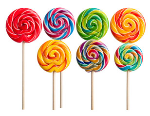 Colorful round swirl lollipops on sticks, front view isolated on transparent background PNG