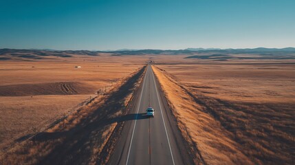 Lonely Car on Highway Across Rural Plains