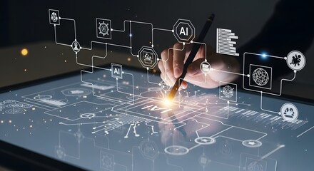 Artificial intelligence interface displayed on a screen being touched by a stylus, representing advanced technology, innovation, and connectivity.