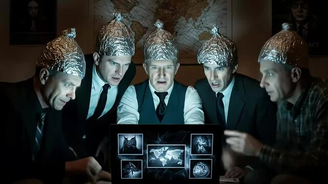 Aluminum foil hats conspiracy theory global network potential threats shadowy figures political intrigue world map