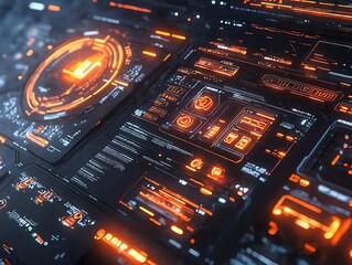 Obraz premium Futuristic Digital Interface with Glowing Orange and Blue Elements in High Tech Environment