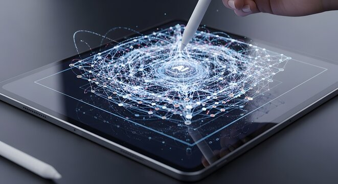 Person using a stylus on a tablet displays a network of connections representing innovation and technology for digital transformation.