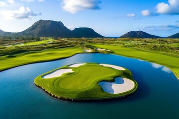 Lush green golf course island surrounded by blue water with sand traps and distant mountains image